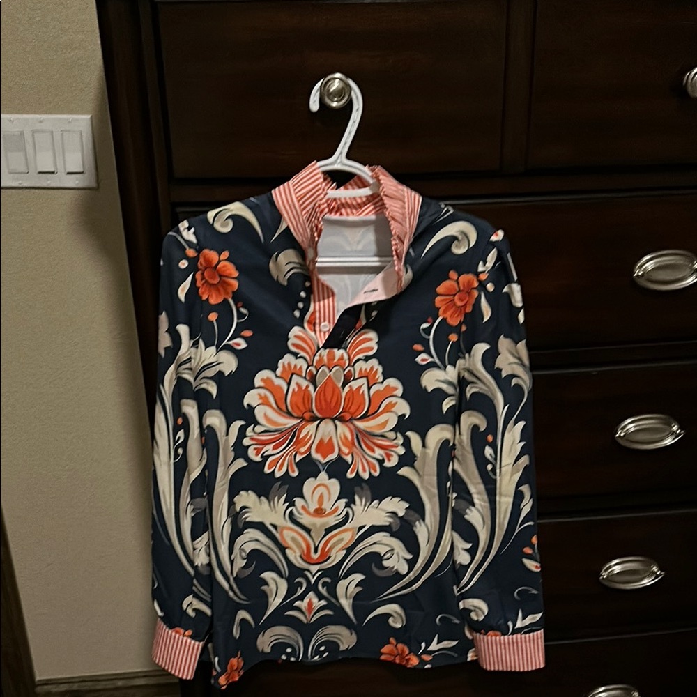 Carriage Boutique Navy and Orange Floral Blouse. Simple soft and so comfortable